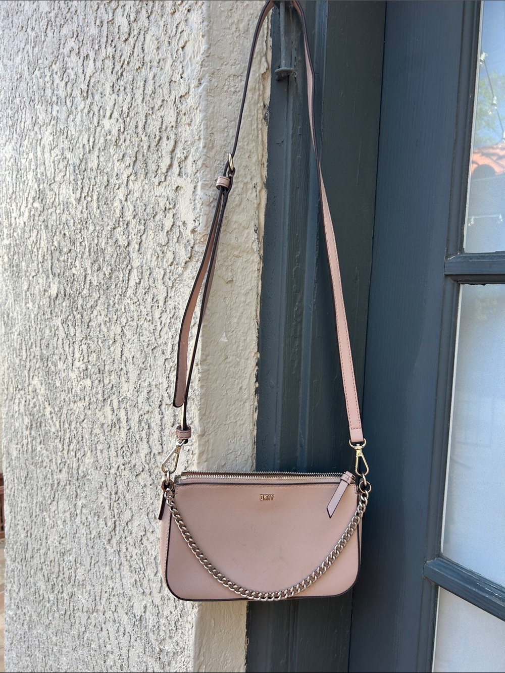 Dkny Blush Pink Leather Crossbody with Chain Accent